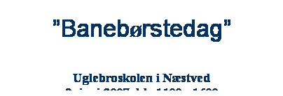 Tekstboks: Banebrstedag

Uglebroskolen i Nstved
9. juni 2007  kl . 1100 - 1600
